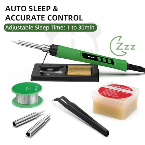 Soldering Iron Kit, 190W Soldering Gun, 110V LED Solder Kit for Electronics, Adjustable Temperature 356-932℉, Includes Solder Wire, Sucker, Tips, Stand, Tweezers, Paste and Solid Wood Box, Army Green - Thumbnail 5
