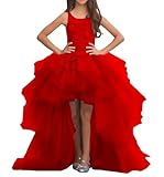 High Low Flower Girl Dress Red Pageant 5-14 Party Dress Tulle Applique Ruffles Communion Ball Gown