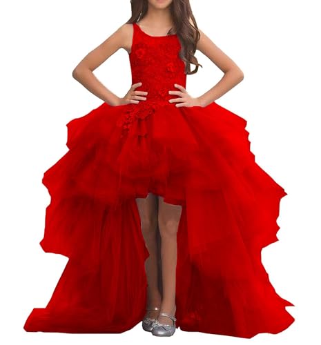 High Low Flower Girl Dress Tulle Laces Applique Pageant Dress Ruffles A Line Communion Gown TZ04
