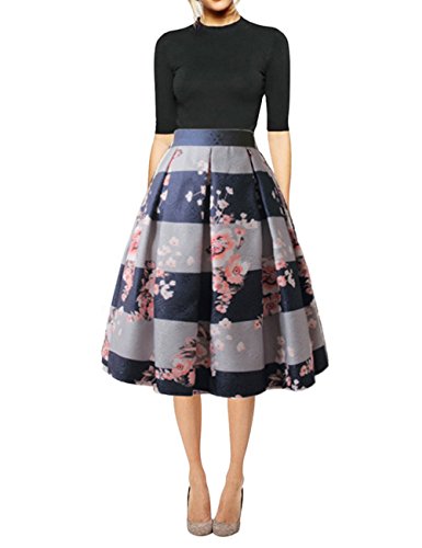 Hanlolo Women's Floral Midi Skirts Pleated Flared High Waist Knee Length A Line Skirt