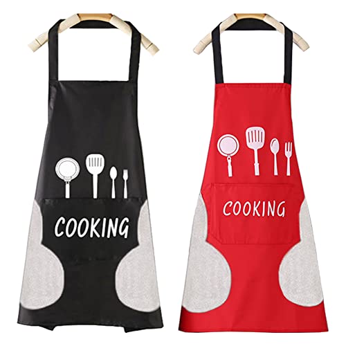 SAIJIAN 2 Pezzi Grembiule Cucina Donna Uomo Grembiule da Cucina Impermeabile e Antiolio Grembiuli con Tasche per il Ristorante di Cucina Casalinga