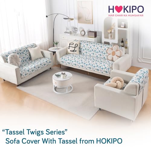 Image of HOKIPO Cerulean Bloom Quilted Sofa Cover for 1 Seater with Tassels for Seat & Back, 'Tassel Twigs' Series (IN-989-T6)