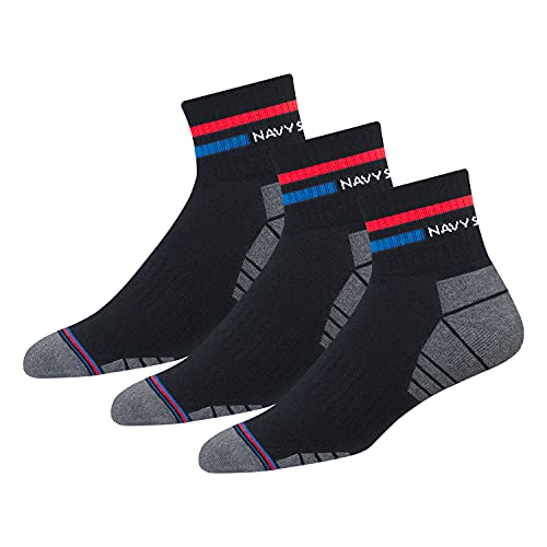 NAVYSPORT Advance Series Calcetines deportivos gruesos y duraderos de algodón para hombres y mujeres, cuarto de longitud, Paquete de 3, EU 38-42, (Rayas Negro) Cover