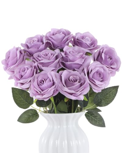 LFF 10Pcs Lilac Purple Silk Roses Artificial Flowers for Home Wedding Decor