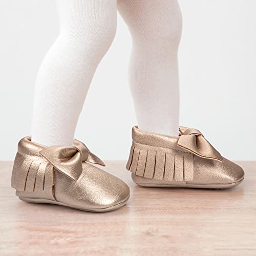 HONGTEYA Baby Moccasins with Rubber Sole&Soft Sole - Flower Print PU Leather Tassel Bow Girls Ballet Dress Shoes for Toddler2