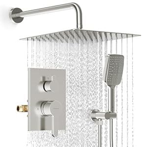 Shower Faucet Set 12 inches Rain Shower System with 6 Function Handheld Shower Head Rough in Pressure Balance Valve Kit Stainless Steel Bathroom Shower Kit Complete Brushed Nickel