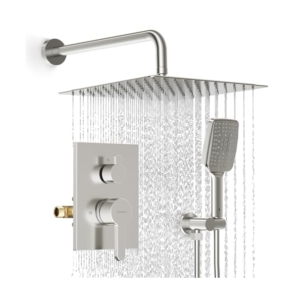 Shower faucet set 12 inches rain shower system with 6 function handheld shower head rough in pressure balance valve kit stainless steel bathroom shower kit complete brushed nickel  urban country home decor