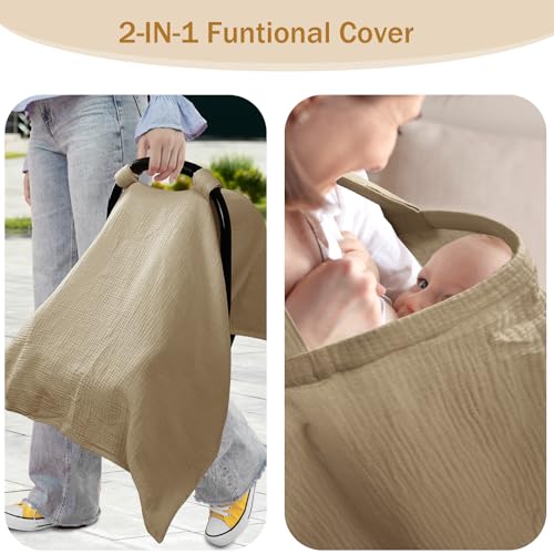 Image of Hooyax 2-in-1 Baby Car Seat Cover & Nursing Cover, 100% Muslin Cotton, Breathable Car Seat Canopy and Privacy Breastfeeding Cover, Brown