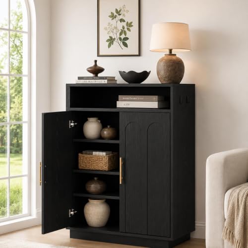 Image of Modern Shoe Cabinet with Arched Design, Large Hidden Shoe Storage Cabinet with Door and Adjustable Shelves, Mid Century Freestanding Wooden Shoe Organizer for Entryway,Black