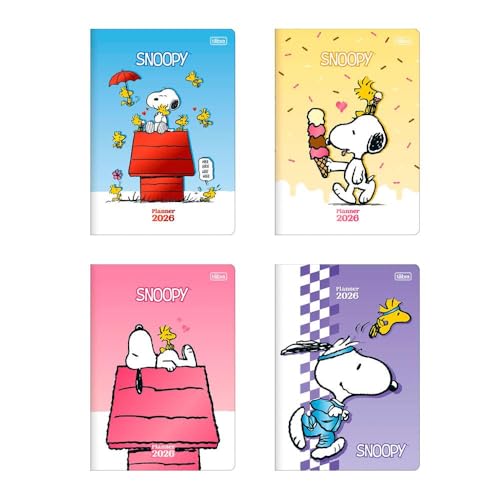 Planner 2026 MENSAL Snoopy, 17,8 x 25,4 cm,90g, Grampeado CAPA ROSA
