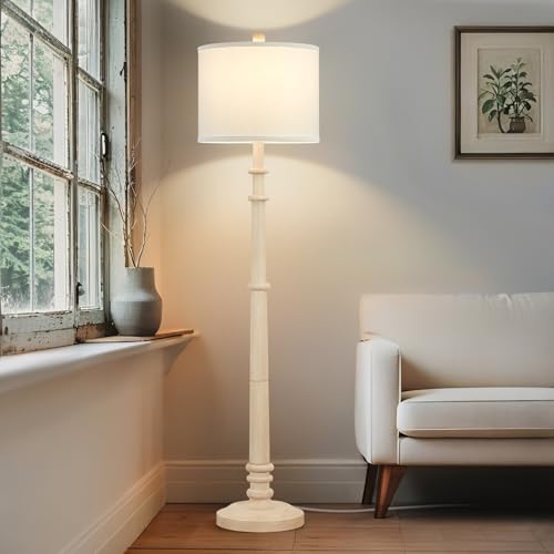 Image of Floor Lamps for Living Room - 60 inch Farmhouse Floor Lamp with Adjustable Color Temperatures - Vintage Standing Lamp Reading Light with Linen Shade Rustic Tall Lamp for Bedroom Office, Oatmeal Wash