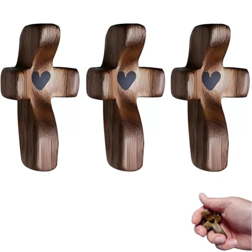 MASISDAOZ Wooden Cross Fidget, 3Pcs Walnut Pocket Crosses - Cross My Heart, Small Pocket Crosses for Anxiety Relief & Prayer, Encouragement Christian Gift for Adults/Kids