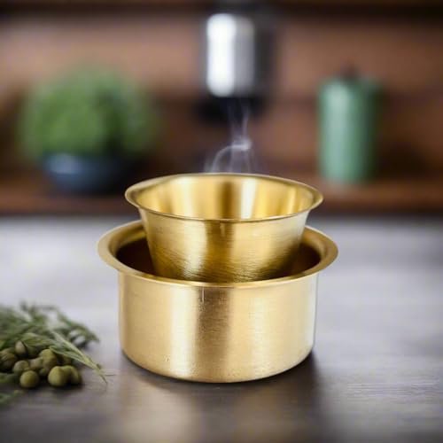 Image of Brass Coffee Filter and Dabara Set Traditional South Indian Style Handcrafted Metal Coffee Brewing and Serving Set Reusable Kitchen Drinkware with Cup and Tumbler | 471 gm - Gold