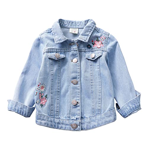 ASHER FASHION Girls Kids Denim Jacket Toddler Retro Floral Embroidered Long Sleeve Button Down Jean Jacket Coat Outwear