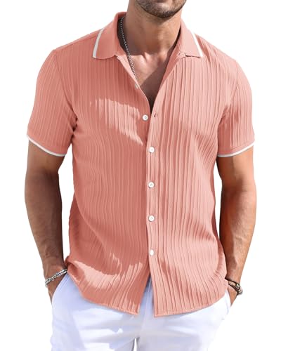 TUREFACE Short Sleeve Button Up Shirts Men's Pink Textured Shirts Wrinkle-Free Fashion Summer Beach Shirts
