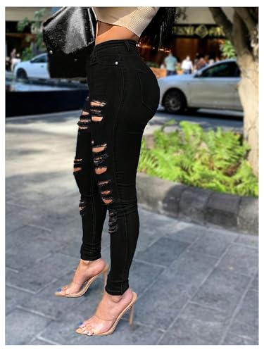 WDIRARA Women's High Waisted Ripped Skinny Jeans Stretch Distressed Denim Pants3