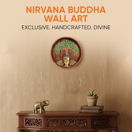 Image of AAKRITI ART CREATIONS Nirvana Buddha Wall Art, Handcrafted Wooden Decor Featuring Bodhi Tree and Buddha Head, Dhokra Art Set of 1, Multi Color | Matte Finish Mango Wood | Living Room, Bedroom, Office