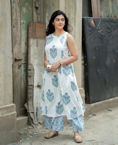 Image of ANNI Designer Women's Rayon Viscose Printed A-Line Kurta Co-Ord Set with Palazzo | Sleeveless Round Neck Ethnic Outfit | Comfortable Traditional Dress for Ladies