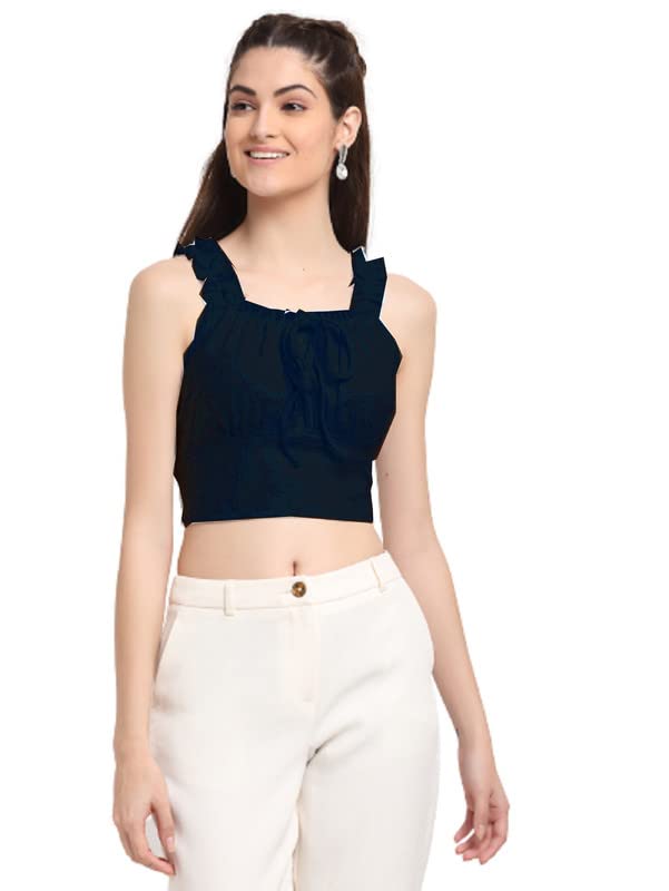 Womens Cute Sleeveless Crop Tops Ruffle Strap Square Neck Blouse Solid Color Knitted Camisole-image-37