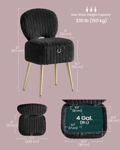 Image of SONGMICS Small Vanity Chair with Storage and Folding Back, Vanity Stool, Footrest Footstool Ottoman, Dressing Table Stool, Furry Padded Seat, for Makeup Room, Bedroom, Ink Black ULOM532BH01