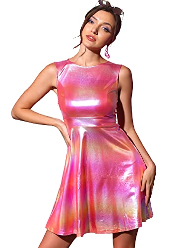 Allegra K Women's Metallic Sleeveless High Waist Club Party Disco Holographic Dress X-Small Hot Pink