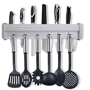 Keukenstang, aluminium, geen boren nodig, messenblok, zonder messen | keukenrek met 7 haken, voor keukengerei, met gepatenteerde zelfklevende plakkertjes