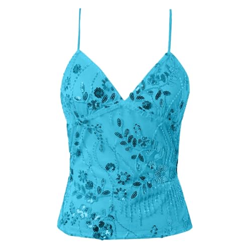 Generisch Camiseta de tirantes ligera de verano para mujer – versátil ropa de vacaciones con detalles transparentes con purpurina ideal para la moda casual primaveral sin restricciones, azul celeste