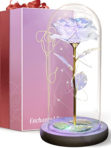 Galaxy Rose Flower Gift, Light Up Rose, Glass Rose, Crystal Rose, Enchanted Rose Glass Rose Flower Gift, Presents for Women, Wife, Girlfriend, Forever Rose in Glass Dome, Glass Flowers - Iridescent