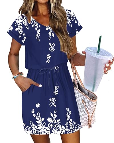Image of AUSELILY Womens Summer Mini Dress, Short Sleeve V Neck Drawstring Casual | Tshirt dress with drawstring waist and pockets. Ideal sundress for daily outing, beach and vacation