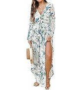 Veatzaer Women Long Sleeve Wrap V Neck Tie Waist Floral Printed Summer Casual Long Maxi Dress