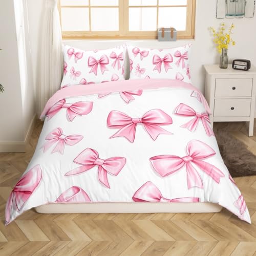 jejeloiu Kids Pink Bow Bedding Set Toddler Size, Girls Bowknot Duvet Cover Princess Decor Comforter Cover for Kids Boys Girls Kawaii Bedspread Cover Room Decor Zipper (No Comforter)