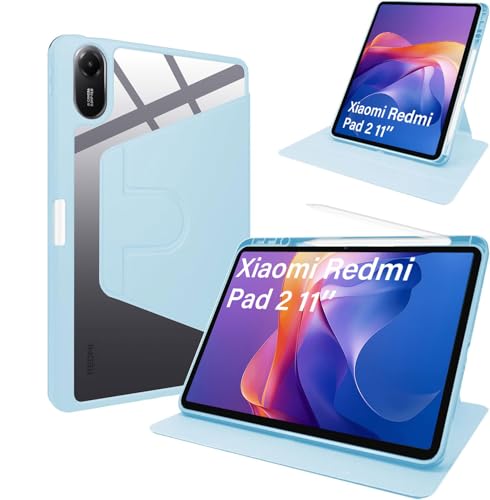 Haofun Funda para Xiaomi Redmi Pad 2, Cover Protectora Giratoria 360 Grados con Soporte Plegable/Ranura para bolígrafo, Funda de Cuero PU + Acrílico Transparente, Azul