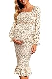 Long Sleeve Maternity Dress Baby Shower Yellow Floral Easter Spring Square Neck Mermaid Smocked Bodycon Midi Dresses
