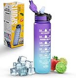 Roe Tenpo Trinkflasche 1L Mit Strohhalm und Zeitmarkierungen, Motivierende und Umweltfreundliche BPA-Freie Flasche für Laufen, Fitnessstudio, Yoga, Outdoor-Aktivitäten und Camping