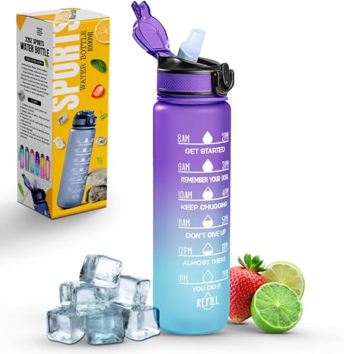 Roe Tenpo Trinkflasche 1L Mit Strohhalm und Zeitmarkierungen, Motivierende und Umweltfreundliche BPA-Freie Flasche für Laufen, Fitnessstudio, Yoga, Outdoor-Aktivitäten und Camping