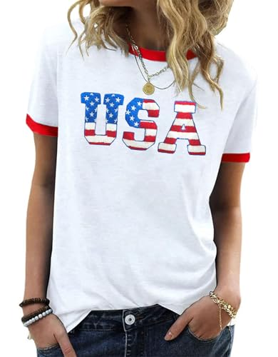 Image of Ithalt Women 4th of July Shirt Fourth of July Shirts USA Sequin Tshirt American Patriotic T-Shirt Stripes Tee Tops