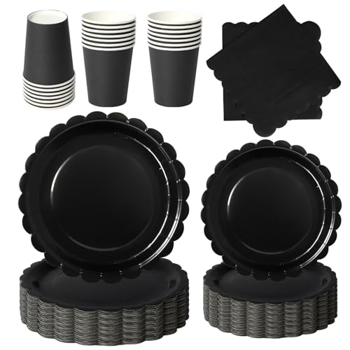 PYAILI 96 Piezas Negro Vajilla Fiesta Cumpleaños, Platos y Vaso Cumpleaños Infantil, Set de Party Decoración Platos Servilletas para Navidad, Barbacoas, Fiestas -24 Invitado