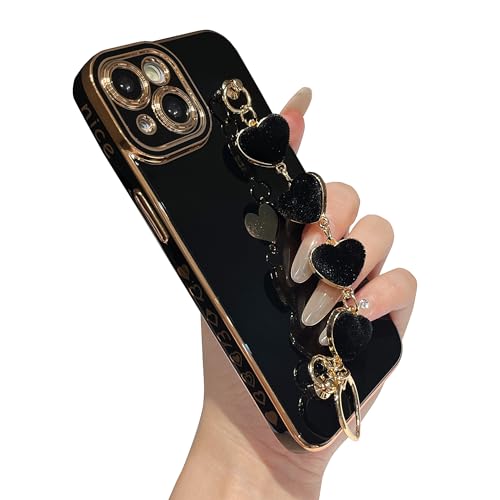 Funda de iPhone 14 negra con diseño chapado de corazón y correa de muñeca Caseative