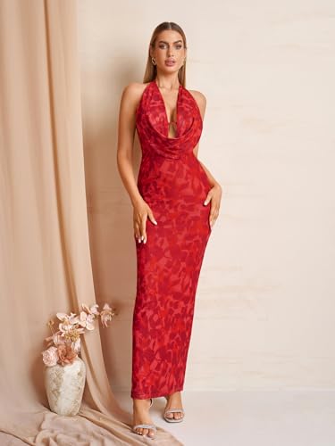 Image of KUTUMAI Women V Neck Long Formal Dress Floral Bodycon Maxi Split Back Dresses Sexy Sequin Evening Cocktail Party Gown