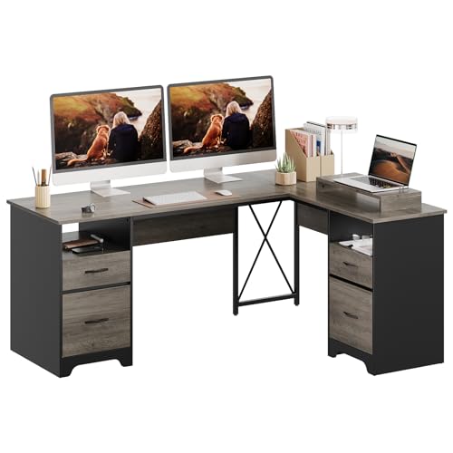 Bestier L Shaped Desk with 4 Drawers, 63' x 47' Executive Desk with Open Storage & Monitor Stand, Corner Desk with 2 File Drawers & Modesty Panel for Home Office, Gray
