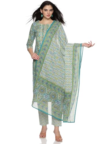 RAJMANDIRFABRICS Women's Cotton Embellished Straight Kurta Pant With Dupatta Set (Green)