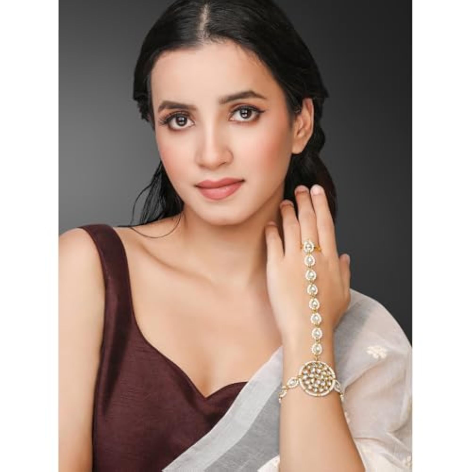 Women's Gold Plated Kundan & Beads Studded Haath Panja Haath Phool Set