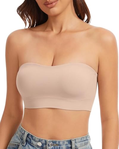 WOWENY Trägerloser BH Damen Strapless Bra Unsichtbarer Push-up BH ohne Bügel Träger Nahtloses Bandeau mit Formschalen & Anti-Rutsch-Bund Beige XS