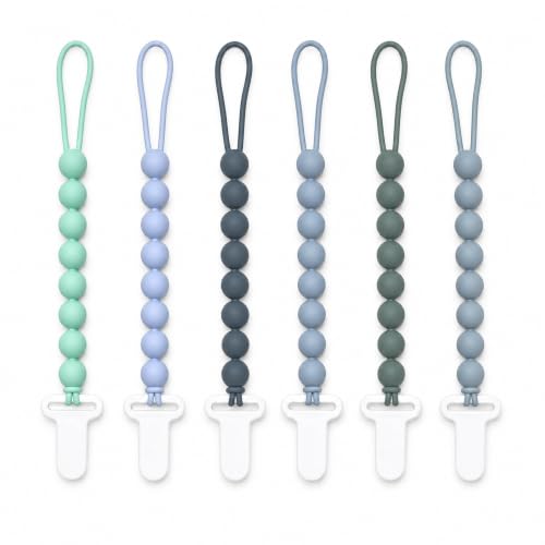 Image of 6 Pack Silicone Pacifier Clips for Boys and Girls, One-Piece Beads Pacifier Clip Set with Durable Plastic Clip, Modern Color Pacifier Holder for Baby Essentials