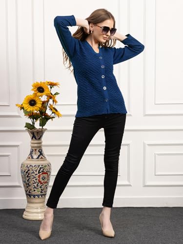 Image of Women's Winter Woolen Cardigan | Full Sleeve Textured Buttoned Sweater for Women | Soft Wool V-Neck Warm Knitted Outerwear for Office & Casual Wear