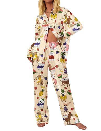 Ekouaer Womens Satin Silky Pajama Set 2 Piece Print PJs Soft Loungewear Button Down Sleepwear with Elastic Waist Long Pants