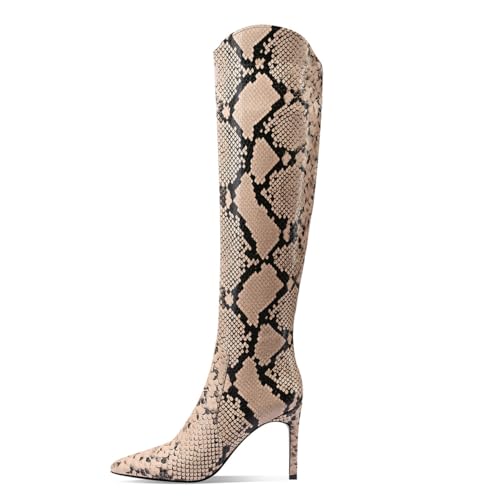 JANSEVEN Snakeskin Knee High Boots for Women Snake Skin Tall Boot with Stiletto High Heel Python Print Pointed Toe Fashion Boots Side Zipper3