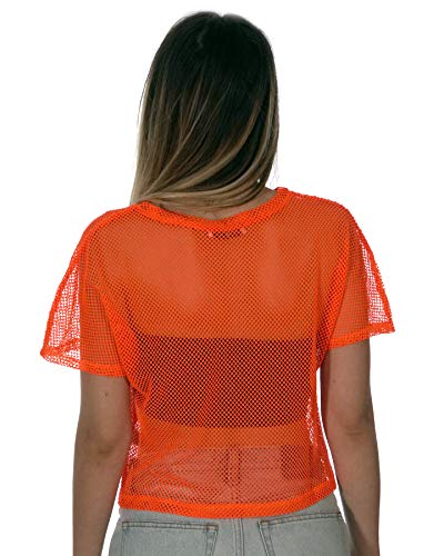Sheer Mesh Fishnet Rave Festival Women's Crop Top, Neon Orange, X-Large #TOP2
