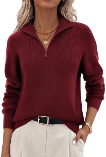 Zeagoo Damen Pullover Quarter Zip Strickpullover Langarm V-Ausschnitt Pulli | Stehkragen Sweatshirt mit Reißverschluss Mock Neck Sweater Casual Warm Obertiele