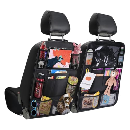JUSTTOP Black Car Backseat Organizer with Touch Screen Tablet Holder, 9 Storage Pockets Kick Mats Car Seat Back Protectors for Kids Toddlers, Car Travel Accessories, 2 pack